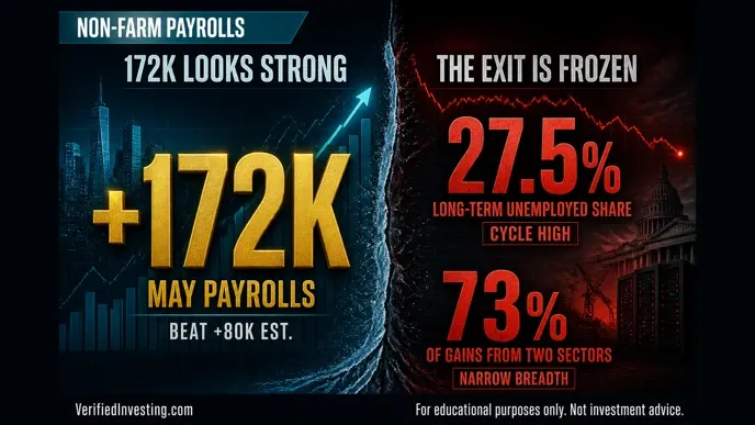 Non-farm payrolls infographic: 172K May payrolls beat the +80K estimate, set against a 27.5% cycle-high long-term unemployed share and 73% of gains coming from two sectors